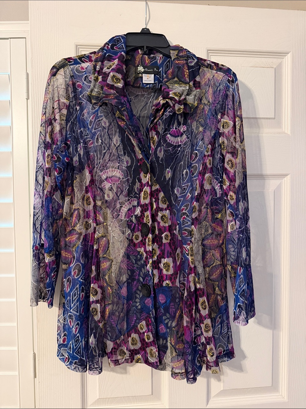 Purple & Blue Pattern Sheer Button-Down Blouse